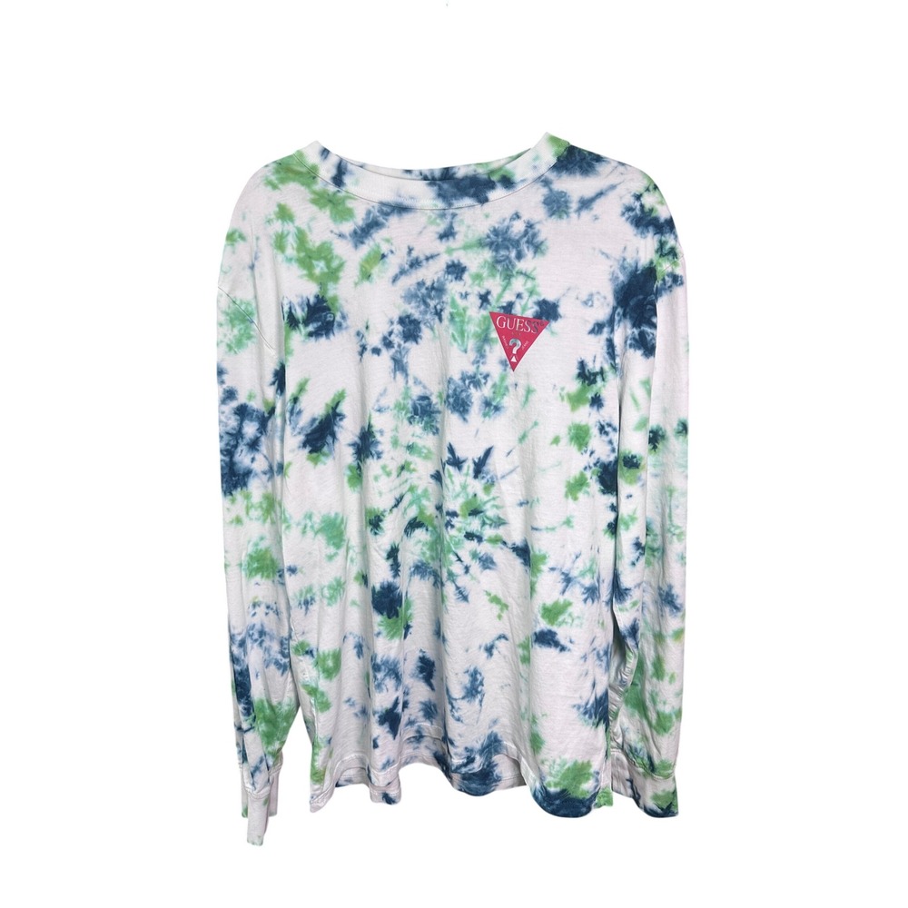 Guess Los Angeles Mens Tie Dye Long Sleeve T-Shirt Blue Green Large Logo L